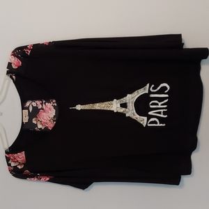 Free Kisses Plus 3X Black Top w Pink Flower Panels, 3/4 Long Sleeve, Light
